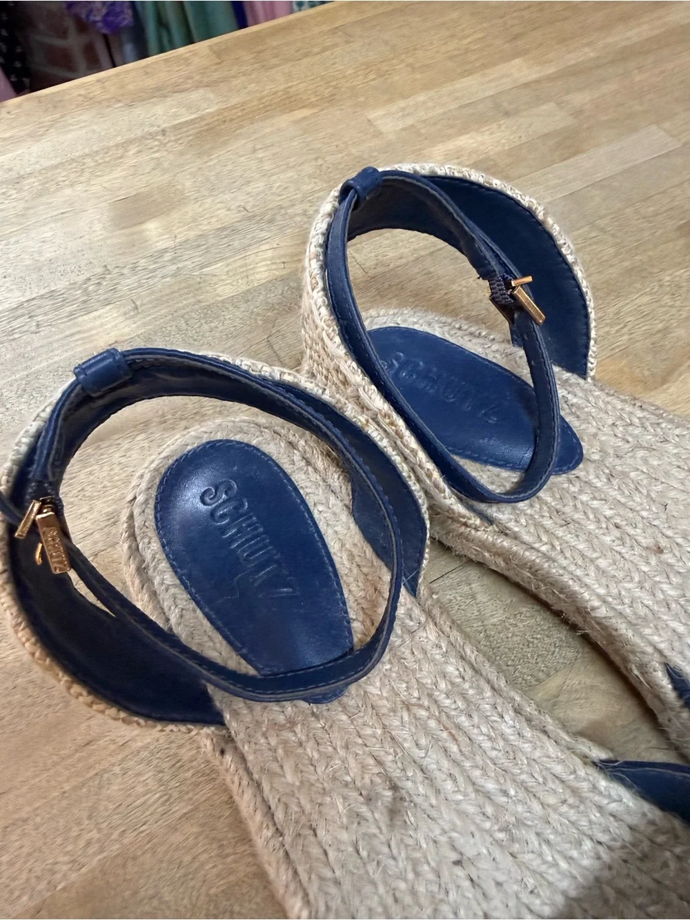 SCHUTZ Greeca Navy Canvas Espadrille Ankle-Strap Flats Sz 10